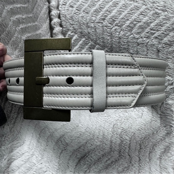 Zara Cream Colored Extra Wide Stitched Vegan Leather Belt /Large Brass Buckle, M main image 6